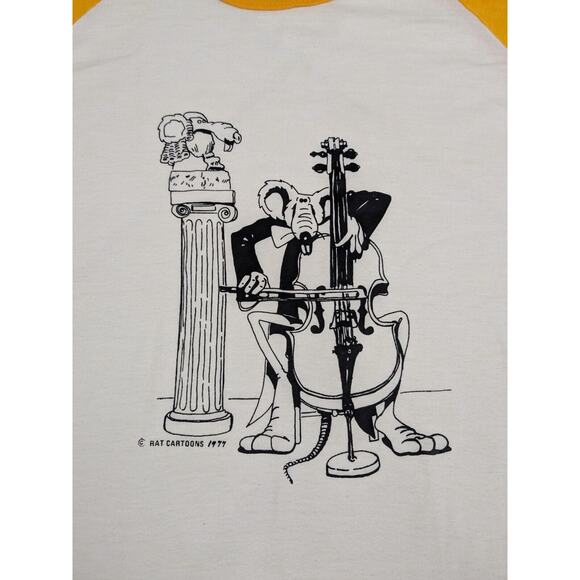 Vtg 1977 Rat Cartoon Cellist Albright Raglan Baseball Tee Shirt Size XL Rare 70s - Picture 2 of 14